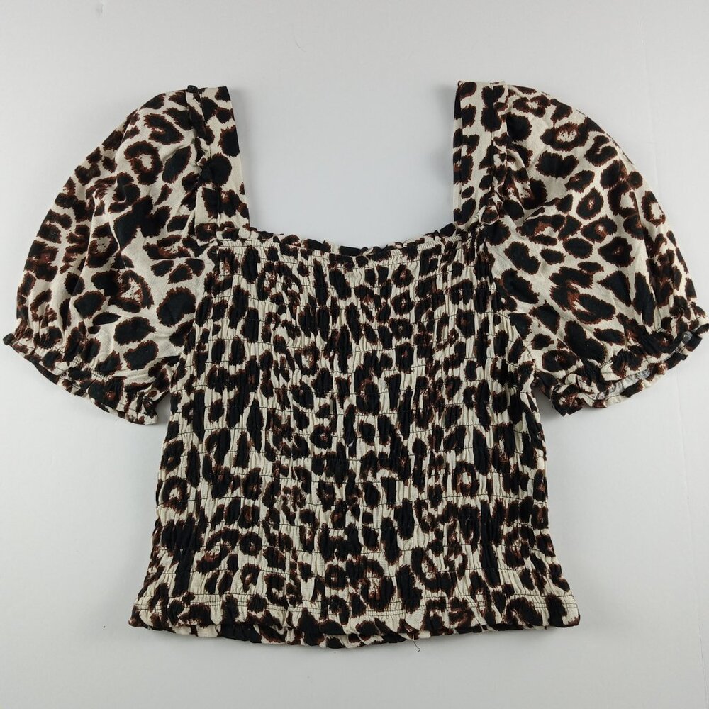 Monteau Puff Sleeve Smocked Crop Top Women's Size XL Leopard Print Linen Blend - Picture 5 of 8